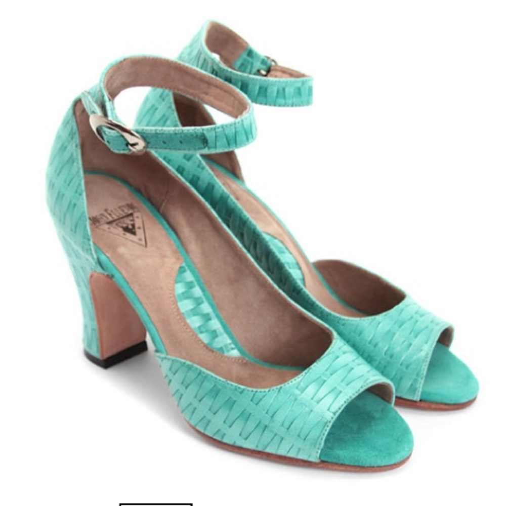 John Fluevog Turquoise Woven Heels Sandals 11 Miracles Marvel